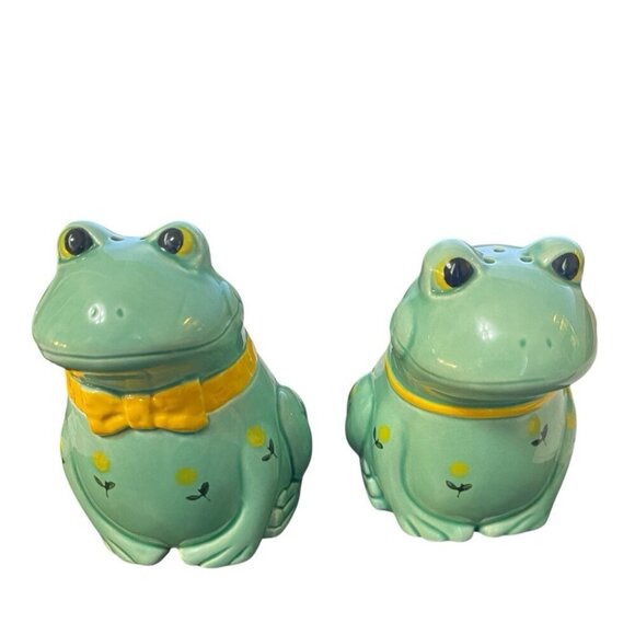 Vintage OTAGIRI Porcelain Green Frog Couple Salt and Pepper Shakers 3.5"  JAPAN - Picture 1 of 6